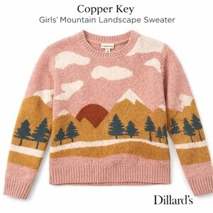 Girls Copper Key Pink Mountain Landscape Crewneck Sweater Large